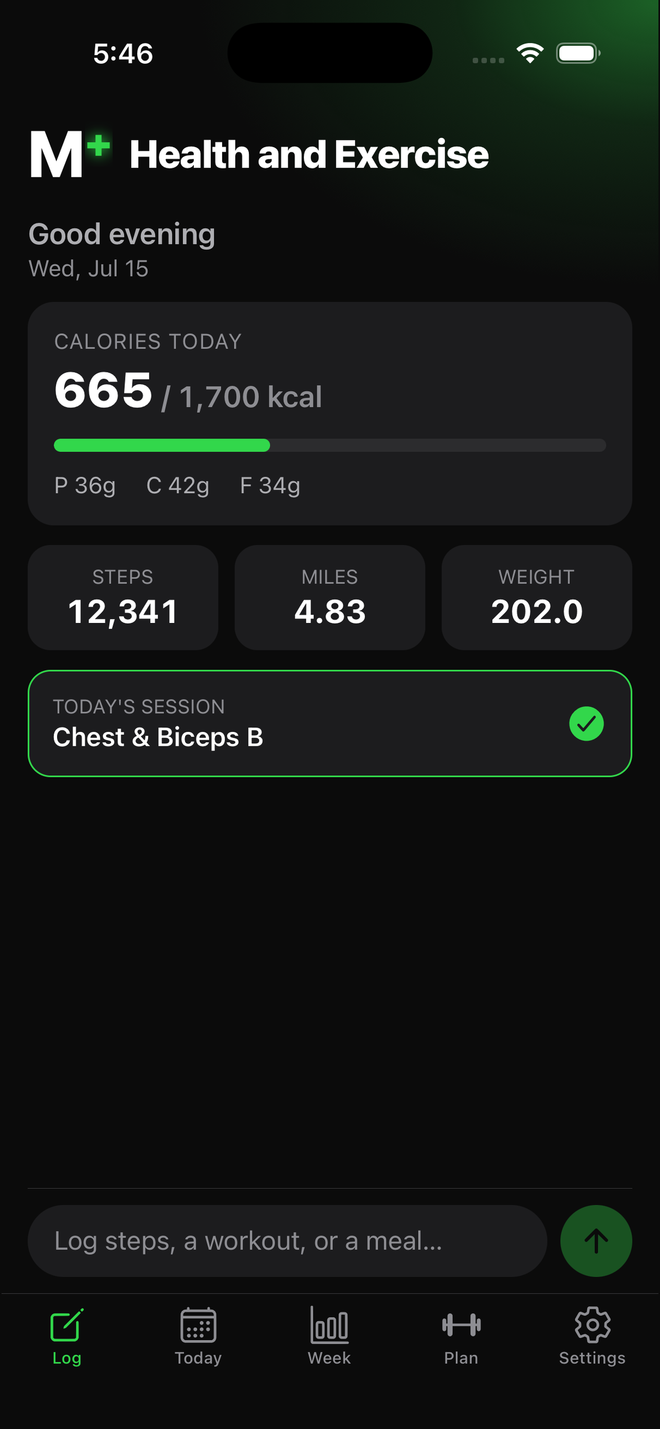 M+ Fitness home screen showing calories, steps, and today's workout